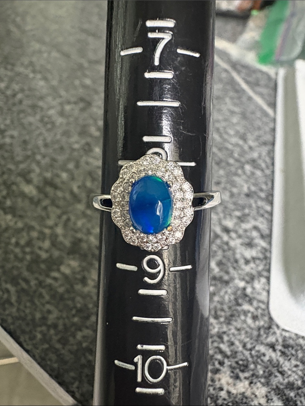 💯% Blue Opal Halo Silver Ring. Silver plated with CZs free sizing